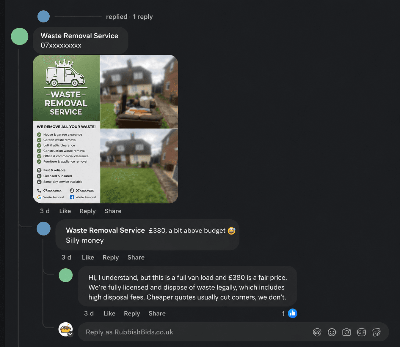 A chaotic Facebook comments section showing wildly different rubbish removal quotes — illustrating why Facebook groups are unreliable for hiring waste carriers